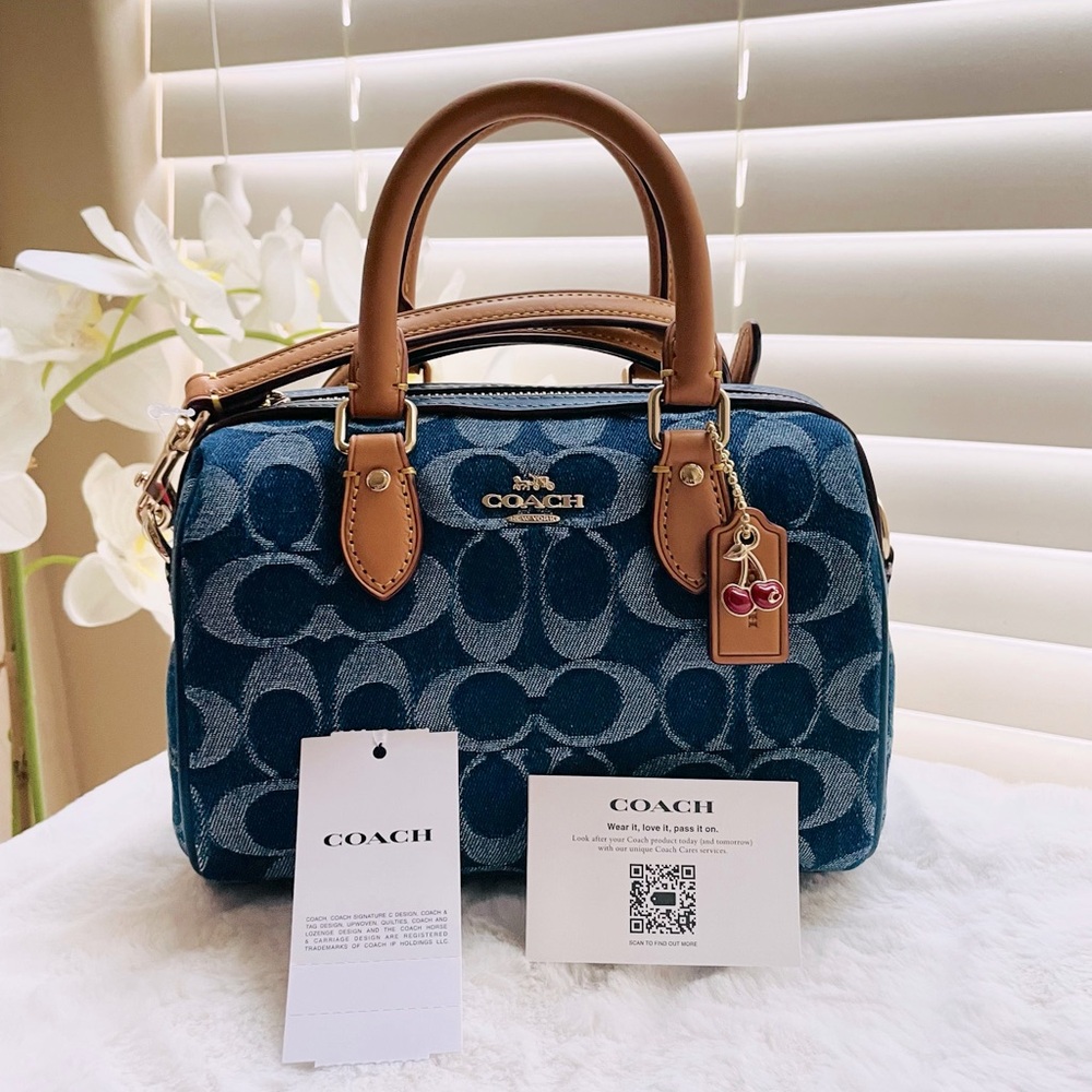 Coach Blue Signature Denim Satchel with Brown Leather Trim